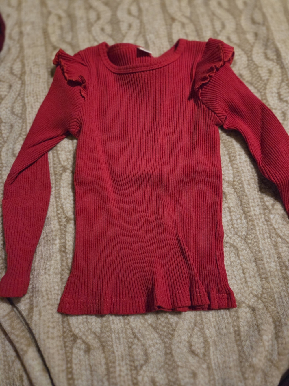 Red Ribbed Long Sleeve Ruffle Shoulder Top